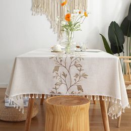 Nappe à pampilles en coton et lin brodée, couverture de table anti-poussière pour cuisine, salle à manger, décoration de table de fête à domicile 240325
