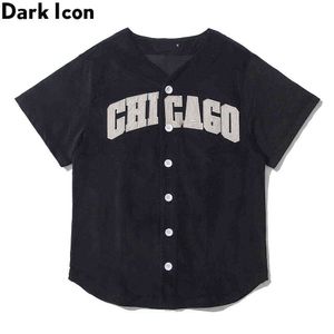 Camiseta de béisbol de bordado Hombres Cardigan Streetwear Tshirts Hombre Black Purple Tee 210603