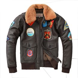 Broderie Bomber G1 veste de vol en cuir de vachette manteau hommes Air Force vêtements d'hiver manteaux d'aviation vraie fourrure 2XL-3XL 240106