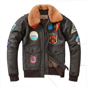 Borduren Bomber G1 Flight Jacket Koeienhuid Leren Jas Heren Luchtmacht Winterkleding Luchtvaartjassen Echt Bont 2XL-3XL 240106