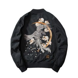 Broderie Bomber Veste Hommes Mince Oiseau Floral Pilote Veste Mâle Japon Harajuku Baseball Veste Printemps Automne Streetwear 201218