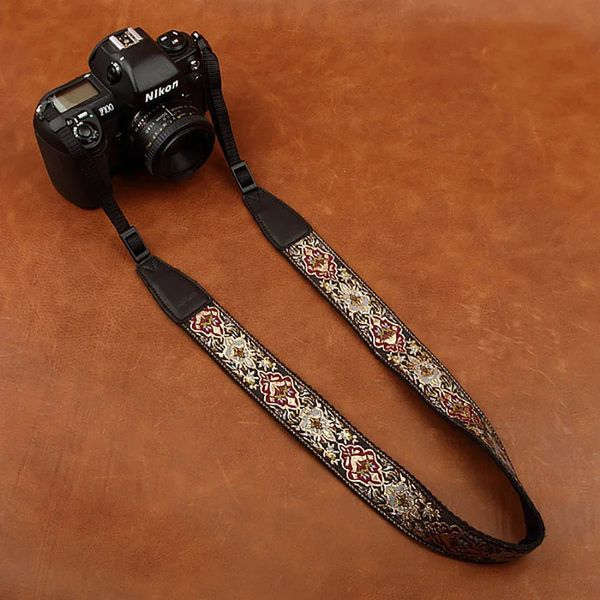 Camin 8411 – sangle d'appareil photo brodée, en coton doux, cou numérique, lanière en cuir, longueur réglable, 240113