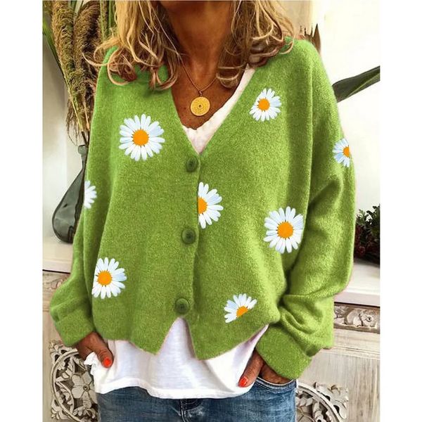 Cárdigan bordado con margaritas, cárdigan de crochet para mujer, suéter de manga larga con cuello en V, prendas de vestir de otoño, estampado floral verde 240103