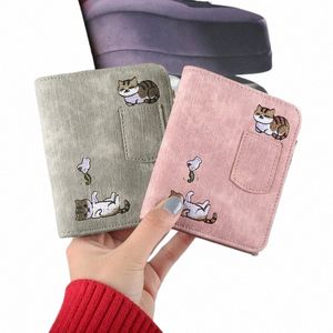 Embroidery Cat Women Short Wallet Zipper Coin Purse Korte Damesmekerd Kawaii Mini Cards Holder Koppeling voor Girl Carteras Mujer E5QT#