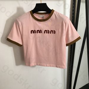 T-shirt en coton brodé pour femmes, col rond, manches courtes, veste d'été, hauts courts simples