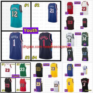 bordado personalizado 2022 camisetas de baloncesto cosidas Harden Embiid Curry Hardaway Antetokounmpo Morant Iverson Youth Kids S M L XL camiseta de baloncesto