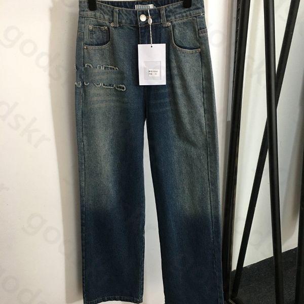 Jean délavé en Denim brodé pour femmes, pantalon taille haute de styliste, jambes larges