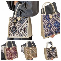 Sac en toile de style ethnique brodé Kawaii, sac à déjeuner en tissu imprimé Portable, sac fourre-tout en lin pour voyage T2HX #