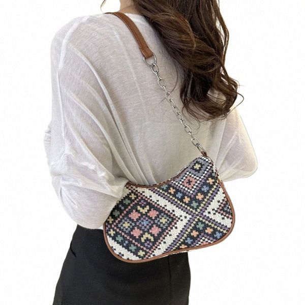 Bolso de lona de estilo étnico bordado, bolso de mano con estampado portátil, bolso de hombro de gran capacidad, portátil para mujeres/niñas 55dB #