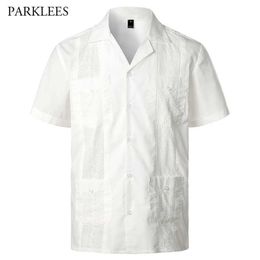 Broderie florale Patchwork chemises pour hommes décontracté multi-poches hommes chemise à manches courtes Camp cubain Guayabera ethnique hommes vêtements 21271G