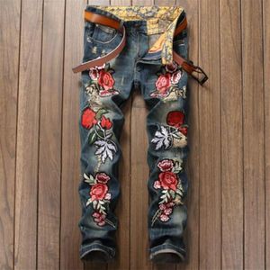 Bordado Floral Tiger Bird Print Design Mens Ripped Jeans Slim Denim Pencil Pants Hommes Blue Straight Biker Jean Pantalones largos237e