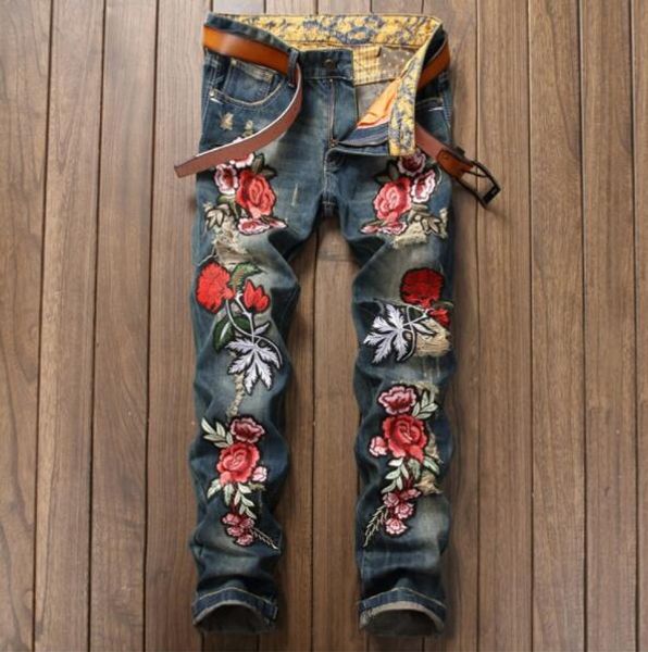 Broderie Floral Tiger Bird Print Design Hommes Ripped Jeans Slim Denim Crayon Pantalons Hommes Bleu Straight Biker Jean Long Pantalon