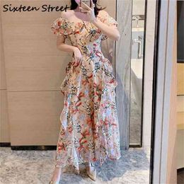 Stickerei Blumen Frau Kleid Slash Neck Liebsten Elegante Party Lange Kleider Weibliche Hohe Taille Maxi Vestidos Frühling 210603