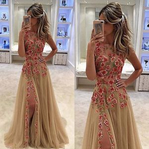 Borduurwerk bloem 2018 split prom jurken sexy juweel nek champagne avondjurken tule een lijn plus size formele kleding