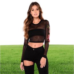 Broderie fleur noire voir à travers les tshirt femmes crop top top maille transparente club club femmes top dames tees tshirts7239028