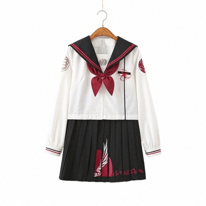 embroidery Girls Japanese School Uniforms High School Sailor Suit Cosplay Costume Black Red Lg Sleeve Pleated Skirt Anime M9PO#