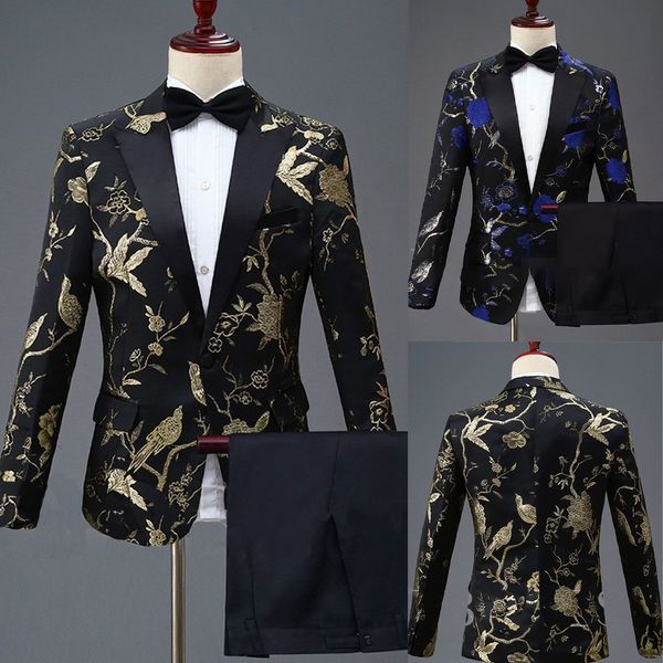 Tuxedos de mariage brodé pour marié, Slim, un bouton, pantalon Champagne, costumes pour hommes, veste de fête de bal, manteau, tenues formelles, 2 pièces