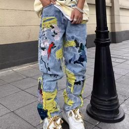 Borduren zware industrie jeans paar zomertrend hiphop high street Amerikaanse stijl y2k geborstelde losse broek met rechte pijpen 240131