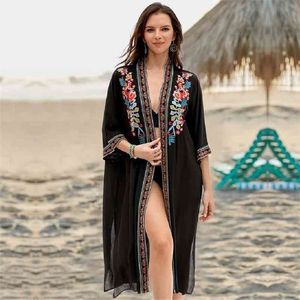 Broderie Kaftan Beach Tunique Coton Cover Up Saida de Praia Maillot de bain Femmes Bikini Couverture Pareo Sarong Wear # Q940 210420