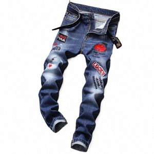 Broderie Hommes Rose Skinny Hommes Bleu Ripped Casual Stretch Denim Jeans Patch Design Rayé Hip-hop Pantalon D8y4 #