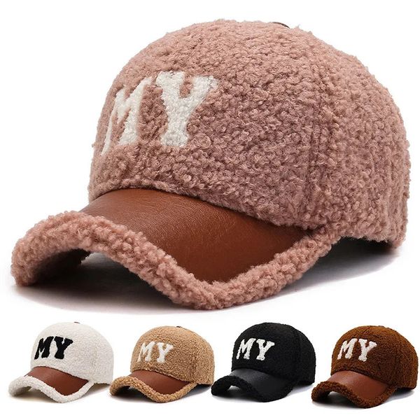 Casquette d'hiver en laine d'agneau brodée MY marron blanc pour femmes, casquette de Baseball en laine Teddy, chaude et en velours, chapeau élégant 231228