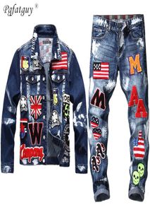 Borduurwerk design jasje jeans 2 -delige set Men039s multibadge schedel jeans sets slanke denim jas vlagbadge verf Jean1264179