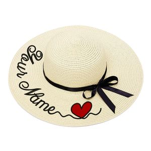 Chapeau de soleil brodé personnalisé en forme de cœur pour femmes, chapeau de paille à grand bord, casquette d'été de plage en plein air, livraison directe