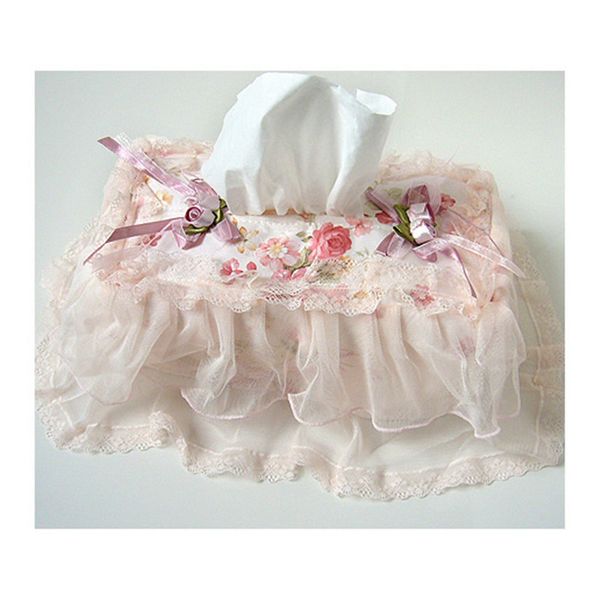 Estilo de bordado Caja de toallas Conjuntos Caja de tejido Bombeo Toallas de papel Caja Cubierta Cuarto de baño Ware Pink Mary Pastoral Lace Tela Cubierta 1pc 210326