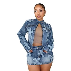 Embroidery Tassel Jeans Tweed Piece Set Women Stand Collar Long Sleeve Short Jackets Tops Bodycon Mini Skirts Fashion Denim Suits 240423