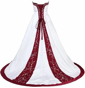 Robe de mariée brodée blanche et rouge, sans bretelles, ligne A, en satin, longue, Corset, à lacets, grande taille, robes de mariée Vintage, Robe de mariée, 2024