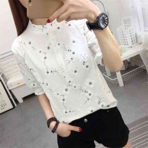 Broderie Femmes Printemps Été Style Coton et Linecn Blouses Chemises Lady Casual Stand Collor Manches Courtes Blusas Tops DF2985 210401