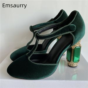 Emerald 49 Jurk Agate Chunky Wedding Jeweled High Heel Shoes T-Trap Green Veet Round Teen Pumps Women 230822