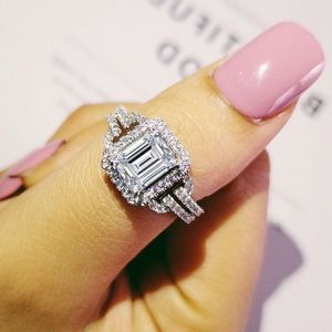 Emerald Cut Diamond Ring 925 Sterling Silver Engagement Wedding Band Rings For Women Bridal Promise Party Sieraden Gift XSMEX