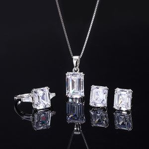 Emerald Cut Lab Diamond Jewelry Set 100% Real 925 Hangers Sterling Silver Engagement Wedding Ringen Oorbellen ketting voor vrouwen sieraden