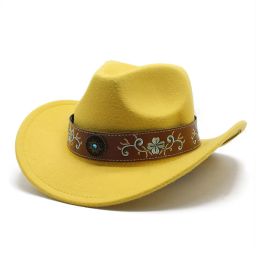 Emerald Decor Western Cowboy Women's Hat Jazz Men Ethnic Style Retro Filt Hats Faux Wool Travel Cowgirl Fedora