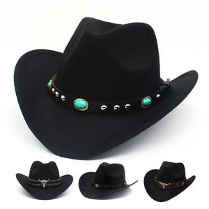 Emerald Decor Westerse Cowboy Womens Hoed Jazz Mannen Land Hoed Etnische Stijl Retro Ridder Vilten Hoed Faux Wol Reizen Cowgirl Fedora 240327