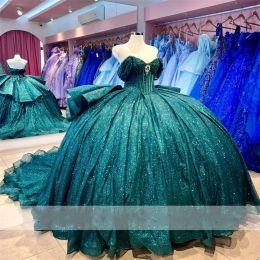 Émeraude Glitter Green Quinceanera Robes 2024 Robe de bal Sweet 16 Robe Crystal Rignestone Perles Corset Party Robes Vestido BC18520