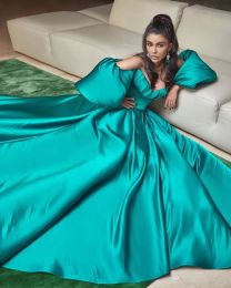 Emerald Green African Plus Size Evening Jurken Elegant Satijnen korte mouwen Prom Pageant Celebrity jurken specail gelegenheid ruches tweede receptie jurk