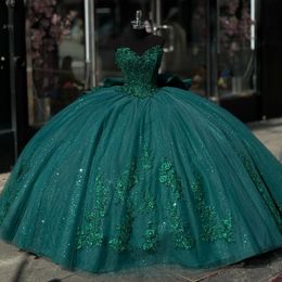 Robe De bal en dentelle et tulle, vert émeraude, épaules dénudées, paillettes, Corset en cristal, 15 De XV Anos