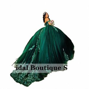 Vestido De fiesta verde esmeralda Quinceañera Dres apliques rebordear cristales fuera del hombro dulce 16 Dr Vestido De 15 anos con cordones 30CS #