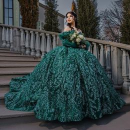 Smaragdgroen Baljurk Quinceanera Jurk Uit De Schouder Bladerdeeg Mouw 3D Bloemen Applique Kralen Corset Vestido De 15 Anos