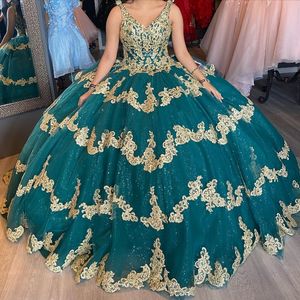 Robe de bal vert émeraude Quinceanera robe 2024 dentelle dorée appliques perles XV princesse robes de 15 ans anniversaire doux 16 robe