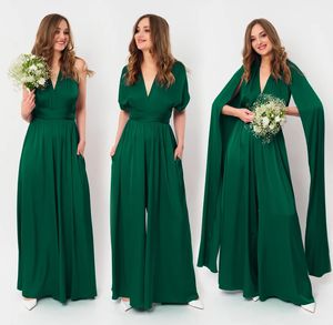 Smaragdgroene bruidsmeisje jurk zijden satijnen oneindig jumpsuits met zakken tuin trouwfeest gastjurken v-hals prom speciale gelegenheid slijtage