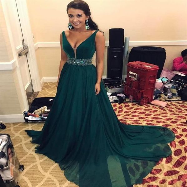 Vestidos de noche baratos de color verde esmeralda 2019 largos con cuentas de fajín Lentejuelas Una línea de cuello en V profundo Vestidos de fiesta formales280e