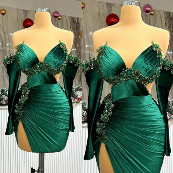 Vestidos de cóctel de color verde esmeralda, vestidos cortos de fiesta, minivestidos con cuentas y encaje con hombros descubiertos para ocasiones especiales para niñas negras africanas, cumpleaños 072