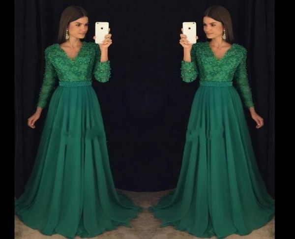 Vestidos de noche verde esmeralda fajas elegantes de cuentas de gasa con mangas largas Vneck Sweet Train Fiest Gown1070563