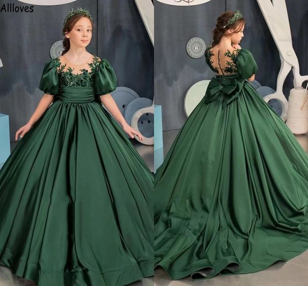 Vestidos de niñas de flores de color verde esmeralda para la boda Puff Mangas cortas Princesa Lentejuelas Encaje Appliuqed Vestido de fiesta de niña pequeña Vestido largo de cumpleaños formal CL1994