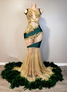 Robe de bal africaine vert émeraude et or, diamant scintillant, plumes de cristal, maille transparente, robe d'anniversaire pour fille noire