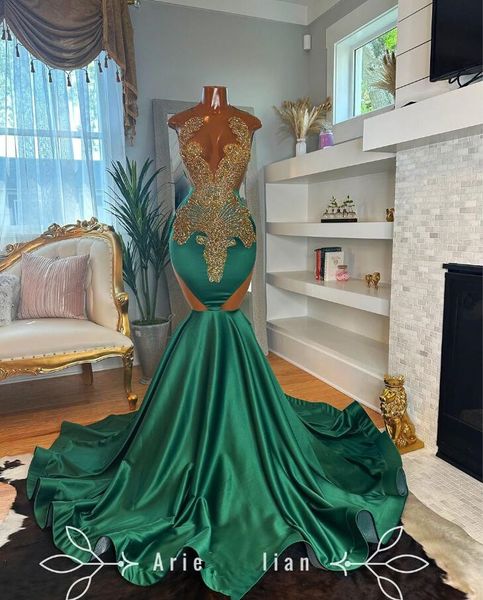 Vestidos de fiesta de la noche de oro verde esmeralda para la fiesta de la fiesta para la niña negra de lujo vestidos de baile de baile de baile de diamantes de gala 2024