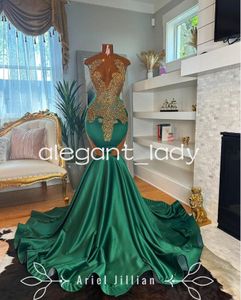 Smaragdgroen goud trompet avondreceptiejurken voor dames Sparkly Crystal Beaded Prom Ceremony Verjaardagsjurk Zwart meisje